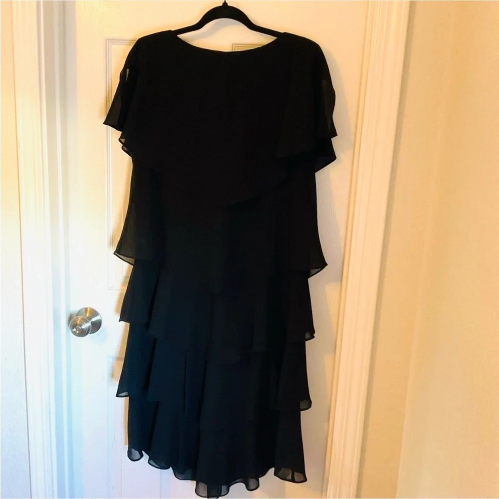 Patra Black Chiffon Tiered Sheath Dress with Capelet Sleeves, Size 16 - Picture 11 of 12